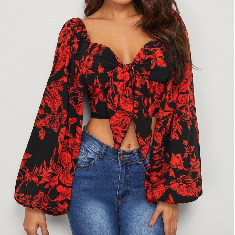 Tie Front Shirred Detail Bishop Sleeve Floral Crop Top